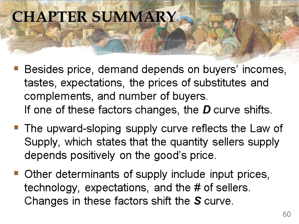 CHAPTER SUMMARY Besides price, demand depends on buyers’ incomes, tastes, expectations, the prices of